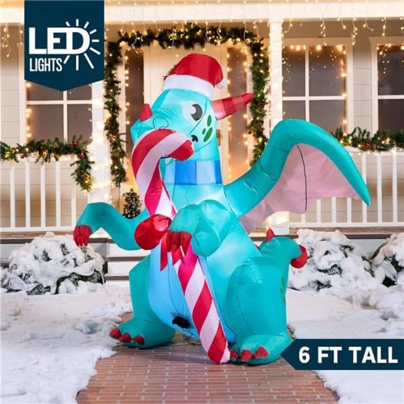 6 FT Christmas Blow Up Dragon Inflatable with Candy Cane with Build-in LEDs - Picture 2 of 7